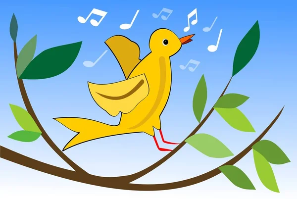 Yellow bird singing on branch with green leaves, cute spring theme, vector illustration for easter or spring design — Stock Vector