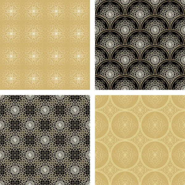 Set of filigree patterned vintage decorative background tiles in beige and black, vector collection in art deco style, seamless geometric patterns — Stock Vector