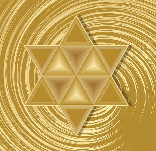 Golden David estrella sobre fondo abstracto remolino. Elegante símbolo de la nación judía y la cultura. Elemento religioso en el judaísmo . — Vector de stock