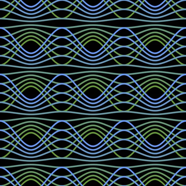 Green and blue waves on black background. Seamless vector strip patterns. — Stock Vector