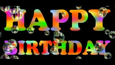 Siyah arka plan üzerinde renkli gökkuşağı başlık ve kayan sabun ile mutlu birhtday afiş kabarcıklar. Hediyelik Dükkanı için reklam.