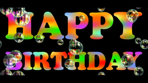 Happy birhtday banner med färgglada rainbow rubrik och flytande tvål bubblor på svart bakgrund. Reklam för presentbutik. — Stockvideo