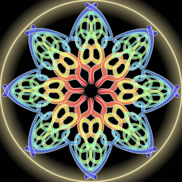 Mandala arco iris compuesta de puntos multicolores, aura dorada. Adorno simétrico para ejercicios espirituales y meditación . — Archivo Imágenes Vectoriales