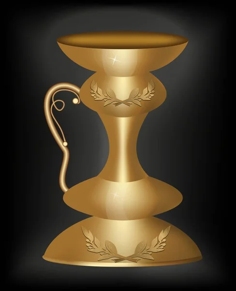 Golden antique pitcher with filigree flourish decoration on black  background  glow. — Stock Vector