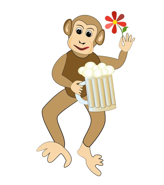 Lustige Affenkarikatur mit einem Glas Bier und roter Blume. — Stockvektor