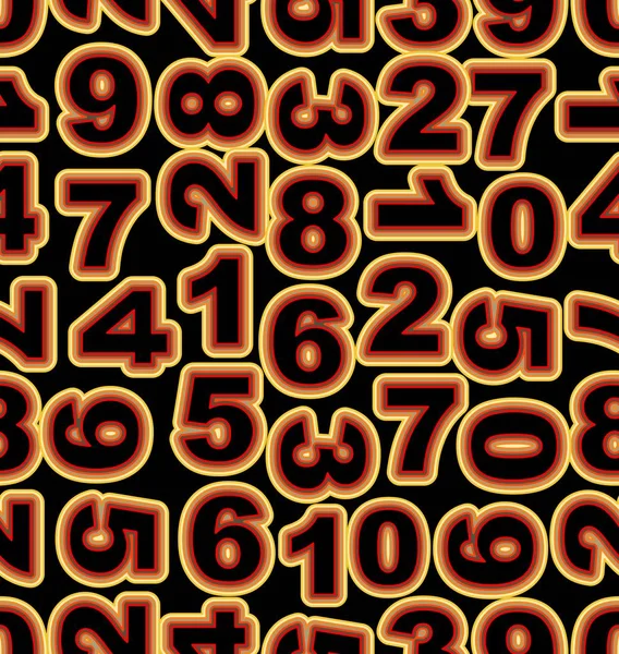 Número de neón en colores amarillo y rojo sobre fondo negro. Seamless vector tile, código fuente negrita . — Vector de stock