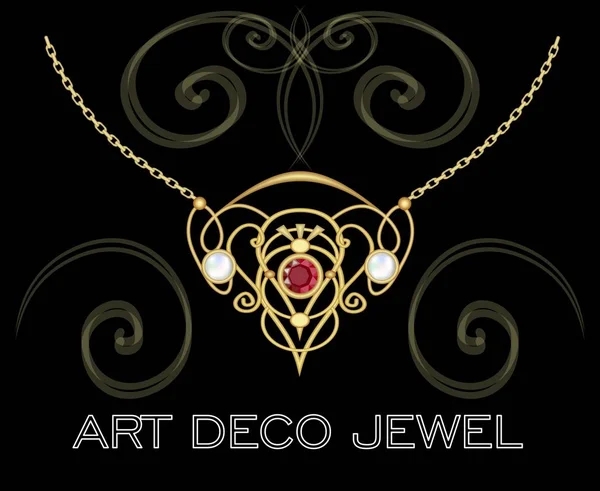 Art-déco-Juwel. Vintage-Goldkette im viktorianischen Stil. Retro filigran. Antiquarischer Schmuck. uraltes Vektorobjekt. Anhänger mit Rubin und Perle auf goldener Kette. — Stockvektor