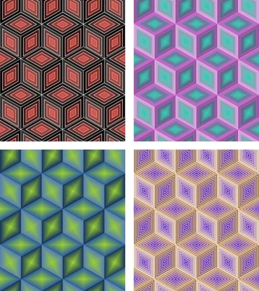 Set of abstract seamless vector rhomboid patterns in different colors, cube shapes — Stock Vector