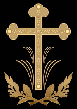 Lüks funereal dekorasyon, siyah arka plan üzerinde gelişmek motifi ile altın haç. Hıristiyan mezar sembolü.