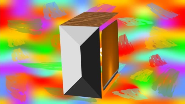 Cube met houten textuur gezicht draaien op veelkleurige psychedelische achtergrond — Stockvideo