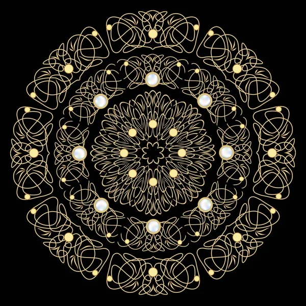 Φιλιγκράν χρυσά μοτίβα κύκλο με μαργαριτάρι. Ομόκεντρα πολυτελή διακόσμηση σε μαύρο φόντο. — Φωτογραφία Αρχείου
