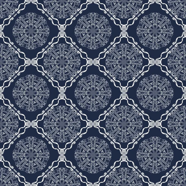 Telha vintage, padrão geométrico fundo vetor azul escuro, desenho caligráfico branco em estilo vitoriano retro. Bonito ornamento filigrana oriental —  Vetores de Stock