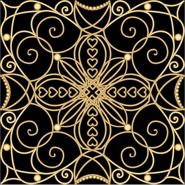 Telkari altın takı, kiremit art deco tarzında, metalik güzelleşmek desenli siyah arka plan üzerine 3d yanılsama. Vintage Victoria dekorasyon.