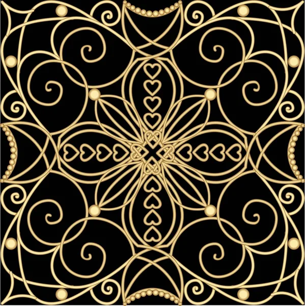 Decorazione dorata in filigrana, piastrelle in stile art deco, motivi metallici fioriscono con illusione 3d su sfondo nero. Decorazione vittoriana vintage . — Vettoriale Stock