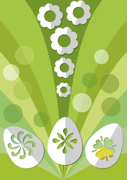 Osterfrühling Dekoration mit Papier geschnittenem Ei und Blumen auf grünem Hintergrund — Stockvektor