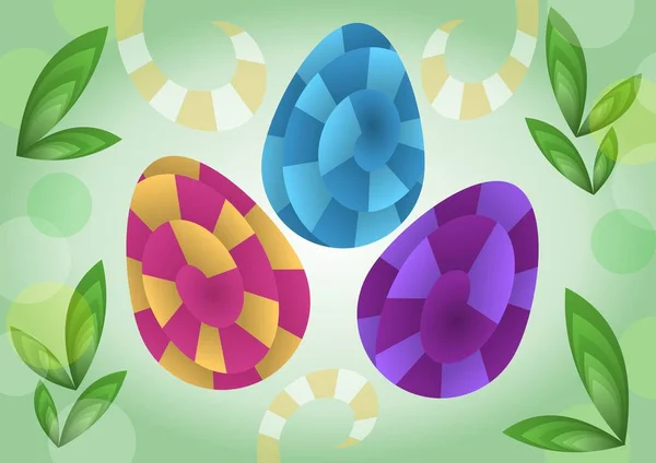 Decoração de Páscoa em estilo de arte óptica, ovos coloridos no fundo verde e folhas jovens da primavera —  Vetores de Stock