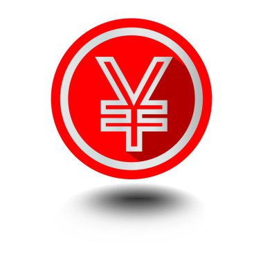 Yen Japon para birimi simgesi ile uzun gölge, izole nesne beyaz arka plan üzerinde kırmızı daire şeklinde