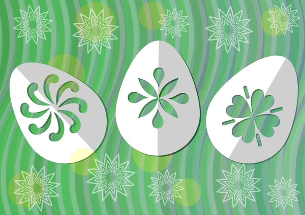 Glad påsk affisch med vitt papper skära ägg på grön vågig bakgrund med transpatent blommor — Stock vektor