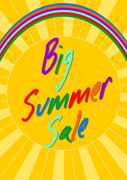 Big summer sale, headline in rainbow colors on background with sun motif — Stock Vector