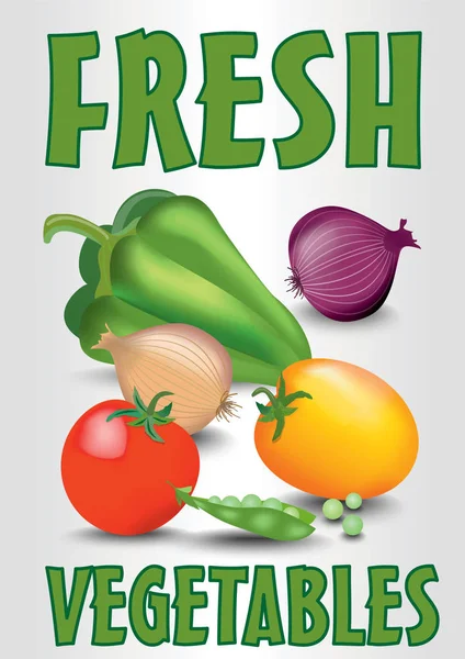 新鮮な野菜、フライヤー、ビル、ポスター、トマト、玉ねぎ、さやえんどう、パプリカとチラシ テンプレート — ストックベクタ