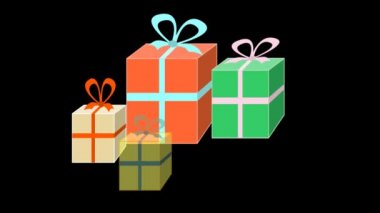 Siyah arka planda, kutlu olsun mesaj, görünen renkler hediye kutuları Tebrikler afiş, hediye dükkanı reklam animasyonlu..