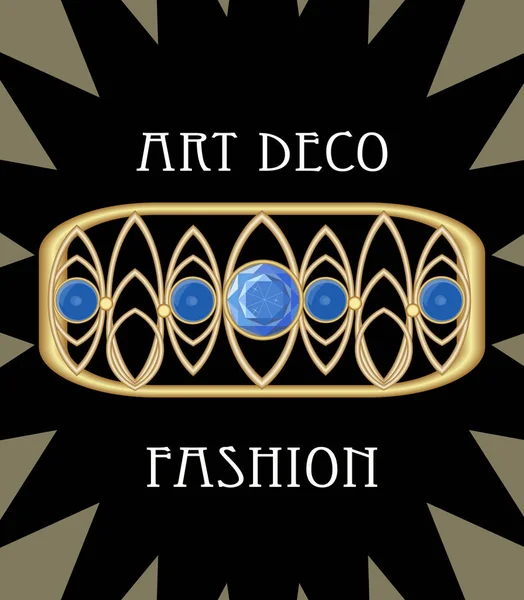 Drága art deco filigrán bross a téglalap összetétele Kék zafír, antik arany ékszer, divat, viktoriánus stílusban, — Stock Vector