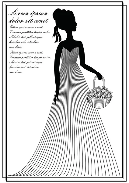 Lady with flower basket, monochrome line art drawing in victorian style, invitation template, announcement, leaflet, flyer, bill in old-fashioned design — Stock Vector