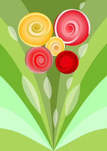 Moderne bloemboeket met rode en gele rozen, decoratie op groene achtergrond, mooi lente of zomer illustratie — Stockvector