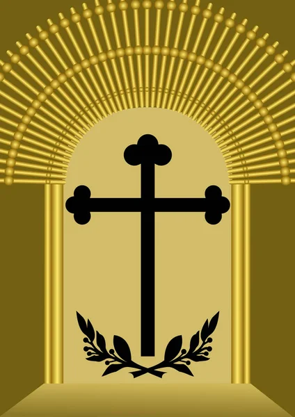 Похоронна прикраса з хрестиком силуетом і лавровими гілками в розкішних золотих воротах — стоковий вектор