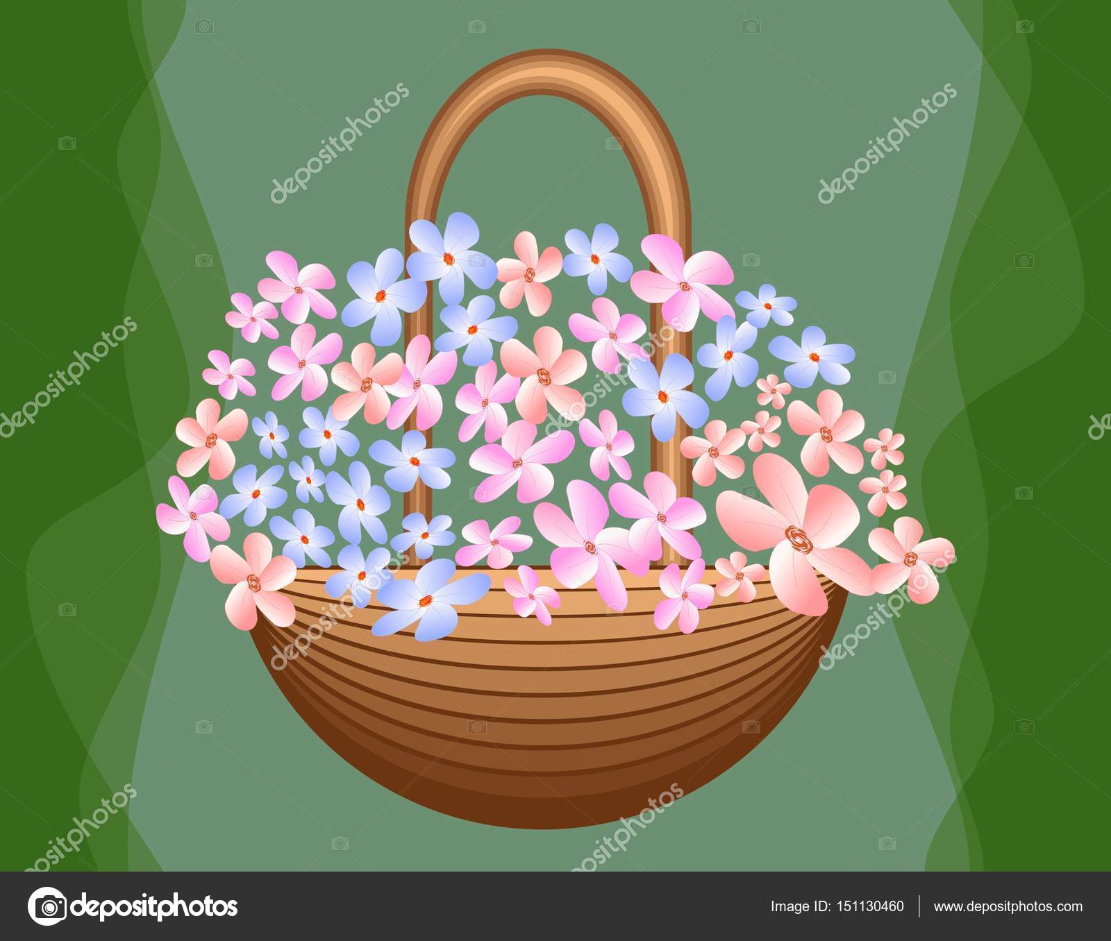 Beautiful Basket With Cute Blue And Pink Flowers On Green