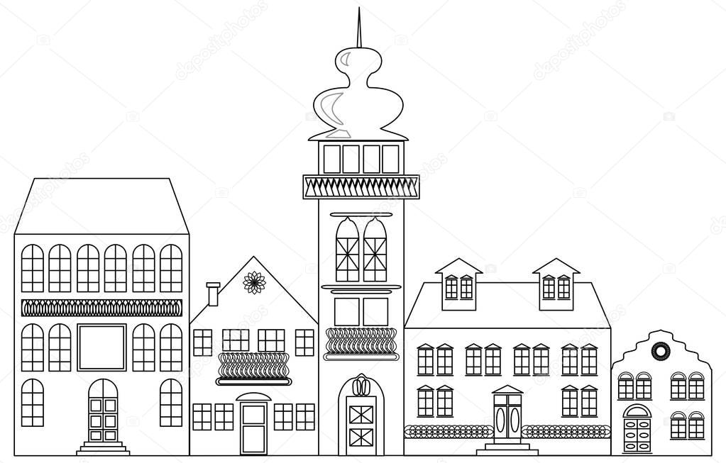 Old town monochrome drawing, architectur sketch in black outline on white background, vector EPS 10