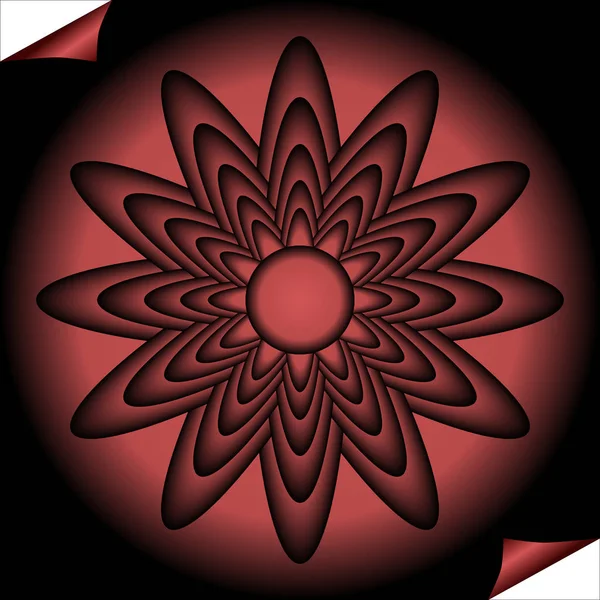 Κόκκινο fractal εμπνευσμένη λουλούδι σε σχήμα κύκλου σε μαύρο φόντο, οπτική τέχνη στυλ — Διανυσματικό Αρχείο