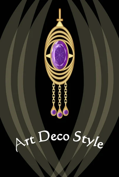 Lujosa joya art deco, pendiente con amatista de piedra preciosa púrpura, estilo victoriano pasado de moda, oro caro antiguo — Vector de stock