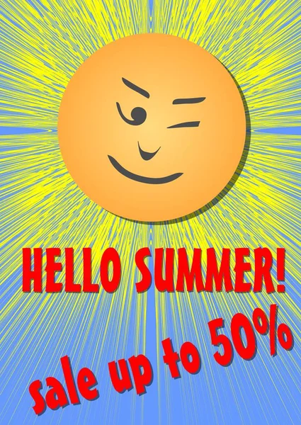Bonjour été, vente ou rabais flyer, soleil joyeux avec visage emotikon — Image vectorielle