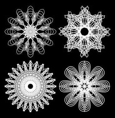 Gökadasında daire dantel modelleri, tasarım öğeleri siyah arka plan, muhteşem simetrik geometrik şekiller üzerinde beyaz anahat
