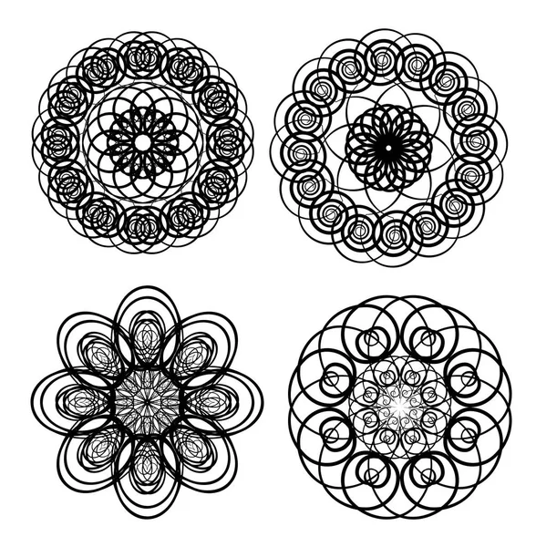 Motifs en dentelle de cercle, éléments de conception dans la conception de contour noir, formes géométriques spirographiques symétriques magnifiques — Image vectorielle
