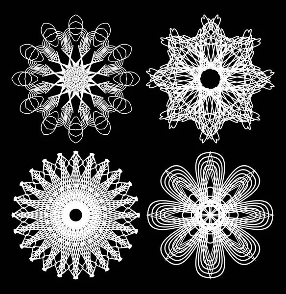 Spirograph Kreis Spitzenmuster, Designelemente in weißen Konturen auf schwarzem Hintergrund, wunderschöne symmetrische geometrische Formen — Stockvektor