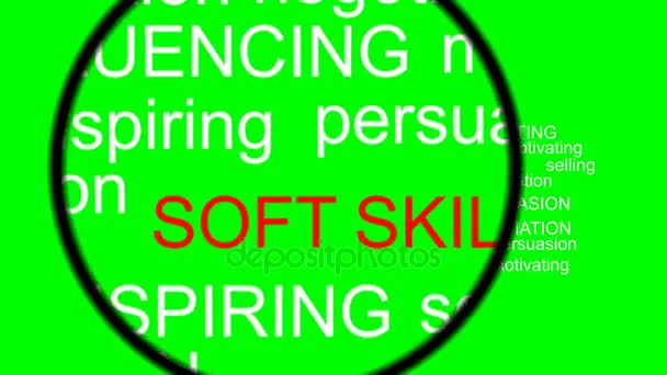 Soft Skills Begriffe unter der Lupe, Video auf grünem Bildschirm mit Zoomeffekt, Lupe bewegt sich über Text — Stockvideo