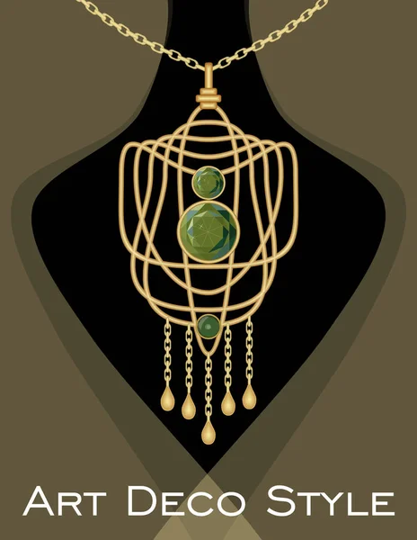 Luxuoso pingente art deco com gemas verdes esmeralda na cadeia de ouro, moda em estilo vitoriano, jóia antiga — Vetor de Stock