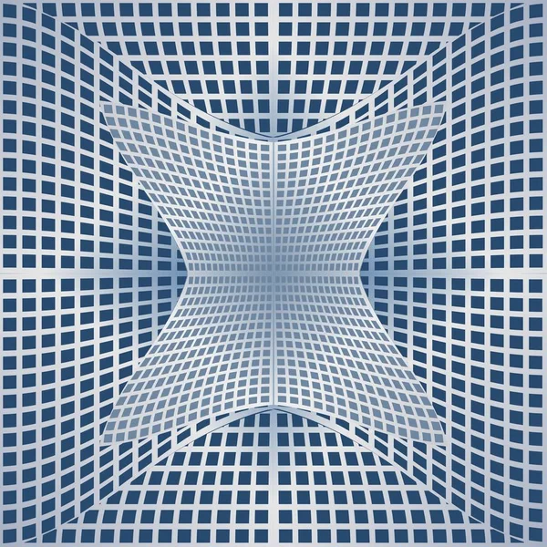 Optical art background with 3d illusion, deformed metal grid on blue area — Stock Vector