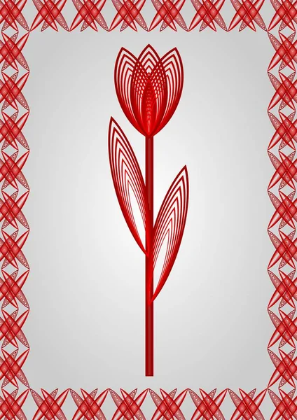 Tulipano rosso stilizzato contorno in cornice rossa, disegno su sfondo grigio sfumato. Modello di congratulazione, invito, poster . — Vettoriale Stock