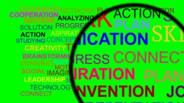 Takım çalışma koşulları altında Büyüteç, video üstünde yeşil perde ile etkisi zoom, Büyüteç'i renkli metin üzerinde hareket ediyor