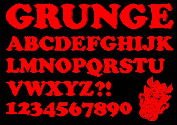 Αλφάβητο σε κόκκινο grunge στυλ, διάβολος σχεδιαστεί κεφαλαία γράμματα, αριθμούς, ερώτηση και θαυμαστικό, διάβολος κεφάλι περιλαμβάνονται — Διανυσματικό Αρχείο