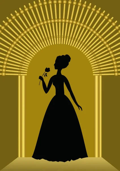 Senhora preta com silhueta de flores no portão dourado, modelo luxuoso para convite de bola, anúncio em estilo vintage — Vetor de Stock