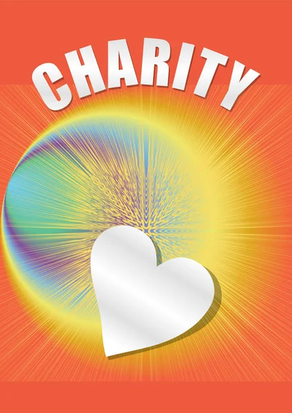 Φιλανθρωπία αφίσα με χαρτί την καρδιά και το ουράνιο τόξο ακτίνες σε πορτοκαλί φόντο, — Διανυσματικό Αρχείο