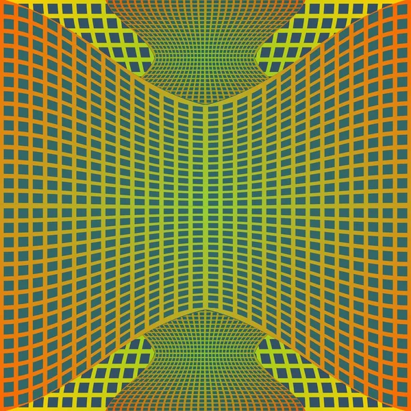 オプティカル ・ アートの背景 3 d の錯覚に青色の領域に金属格子の変形 — ストックベクタ