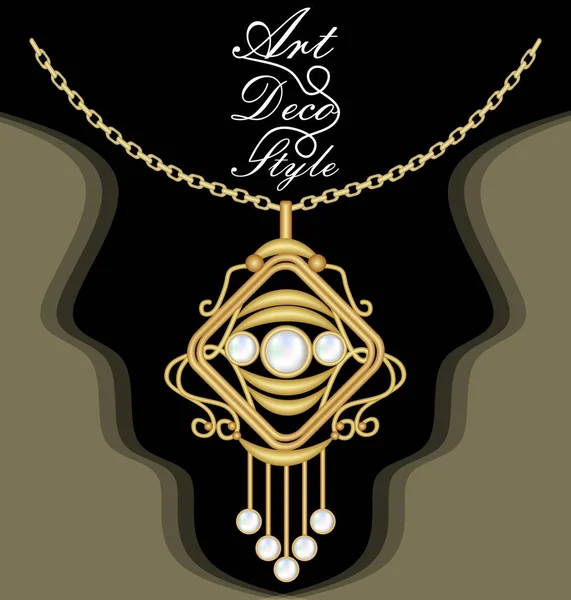 Caro collar de filigrana art deco, colgante con perla, en cadena, joya de oro antiguo, moda en estilo victoriano , — Archivo Imágenes Vectoriales
