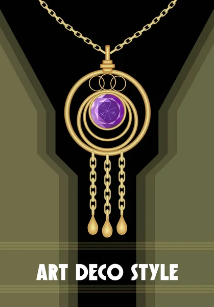 Luxuriöser Art-Deco-Anhänger mit lila Edelstein Amethyst auf sanfter Goldkette, Mode im viktorianischen Stil, antiker Goldschmuck — Stockvektor