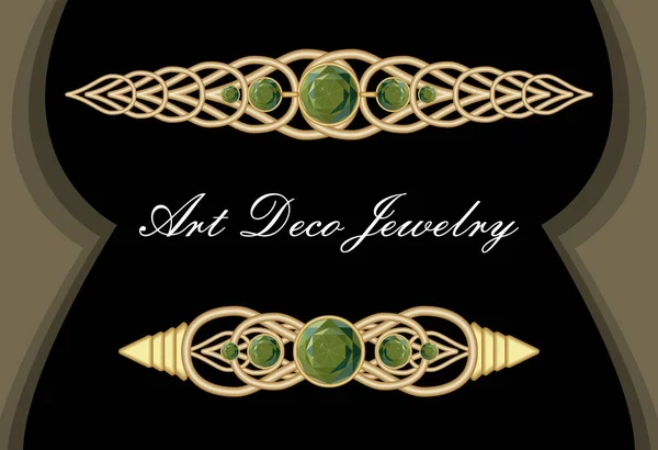 Pin de lazo de oro en estilo art deco, cierre anticuario con gemas verdes smaragd, clip de pelo de lujo — Vector de stock