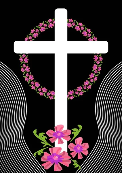 Decoración funeraria inusual con silueta de cruz y pequeñas flores rosadas en corona, cruz simple blanca sobre fondo negro — Vector de stock